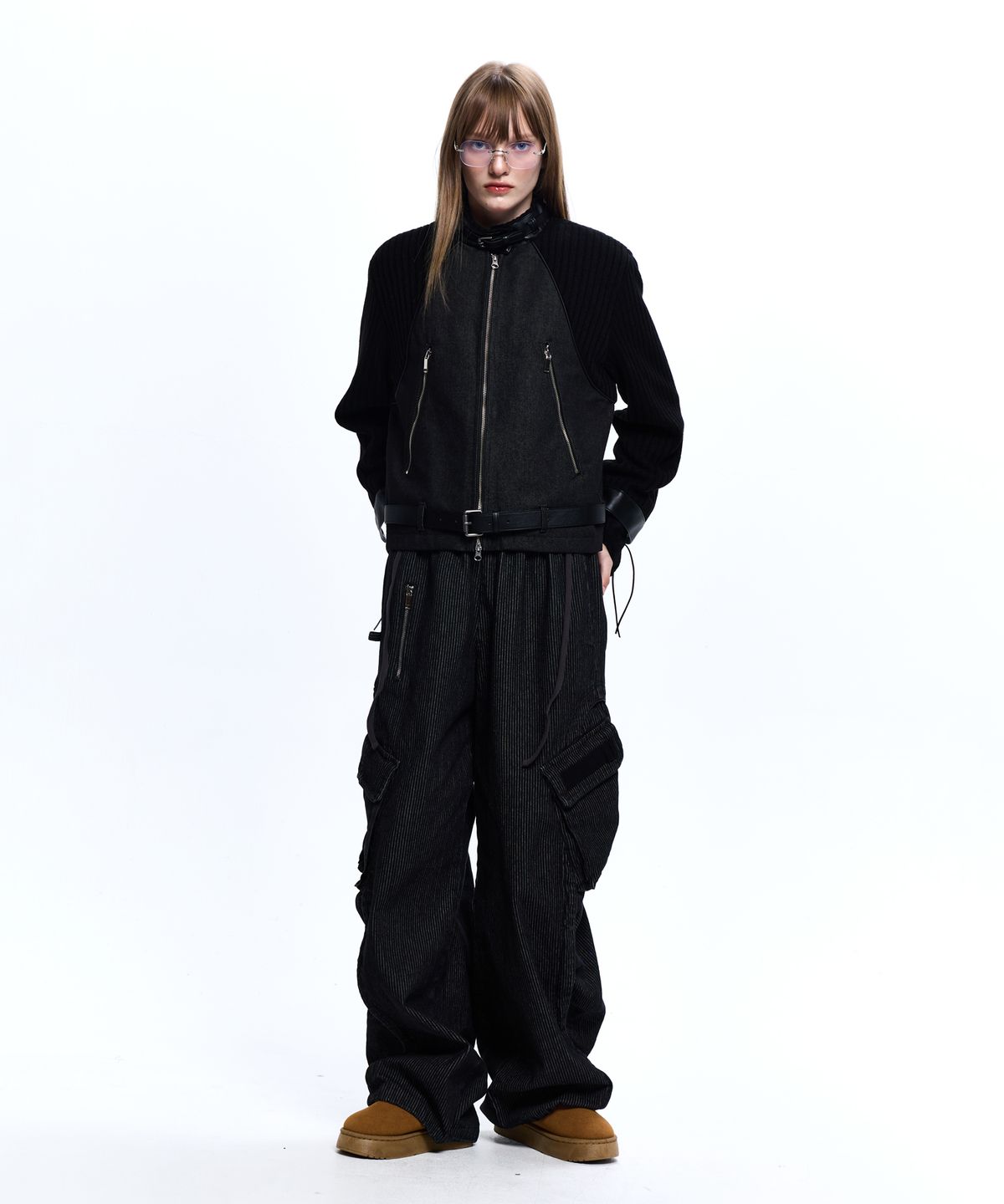 알에스에스씨(RSSC) KNIT & DENIM BELTED BIKER JACKET - BLACK