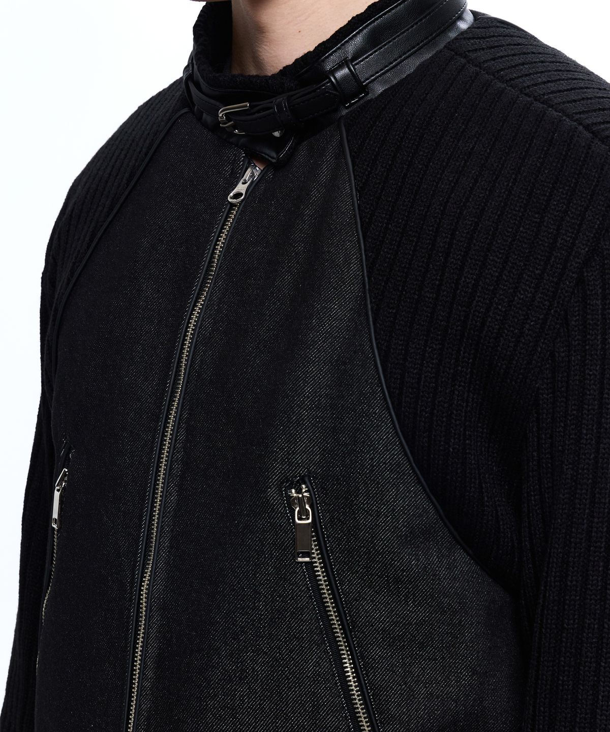 알에스에스씨(RSSC) KNIT & DENIM BELTED BIKER JACKET - BLACK