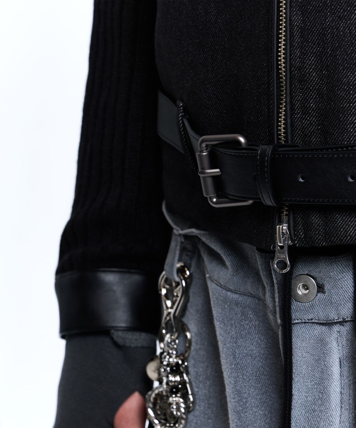 알에스에스씨(RSSC) KNIT & DENIM BELTED BIKER JACKET - BLACK
