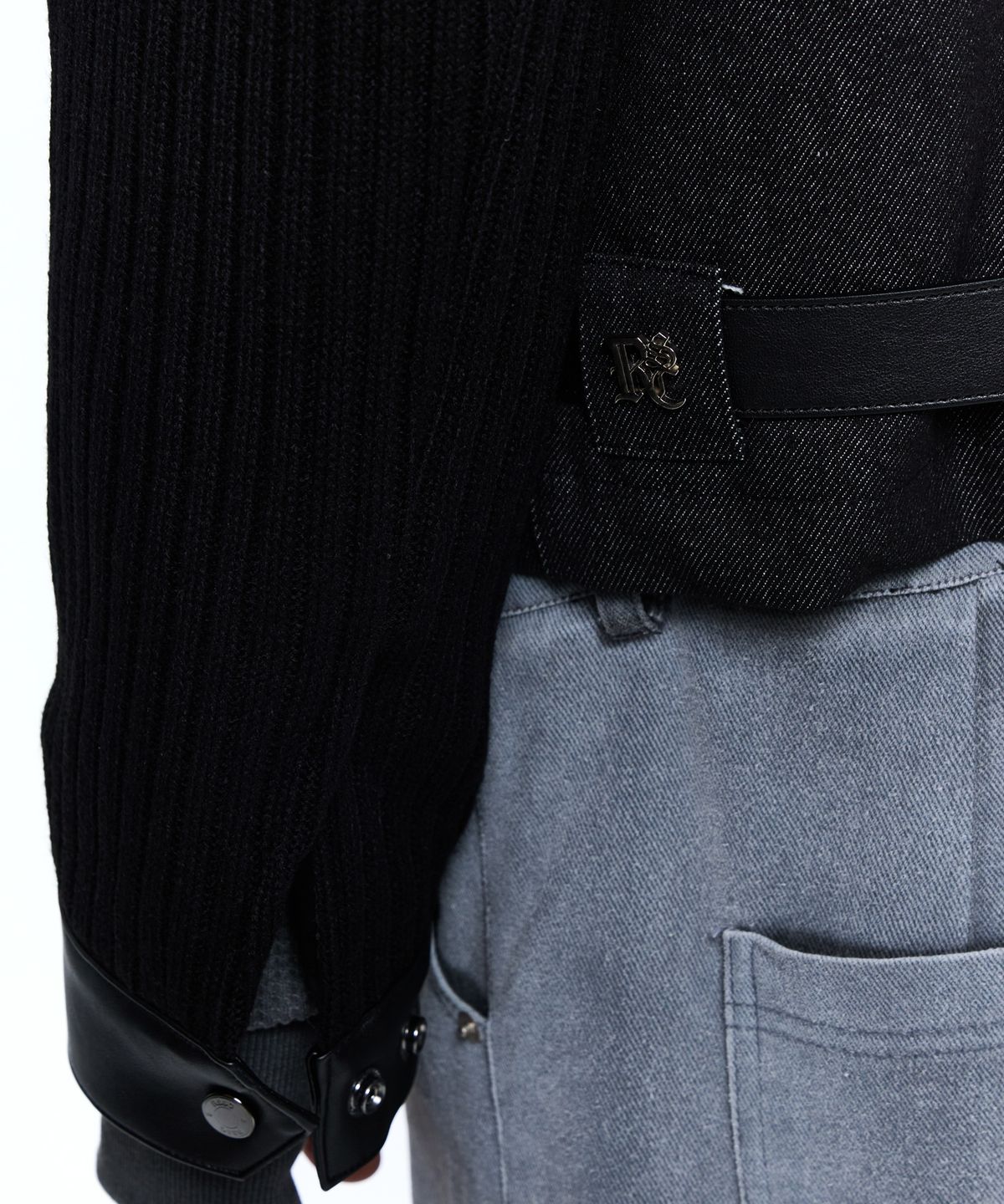 알에스에스씨(RSSC) KNIT & DENIM BELTED BIKER JACKET - BLACK