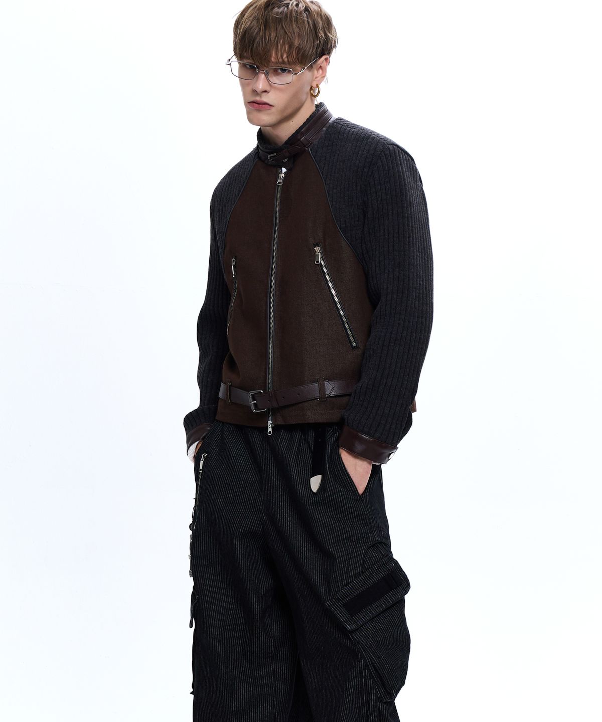 알에스에스씨(RSSC) KNIT & DENIM BELTED BIKER JACKET - BROWN