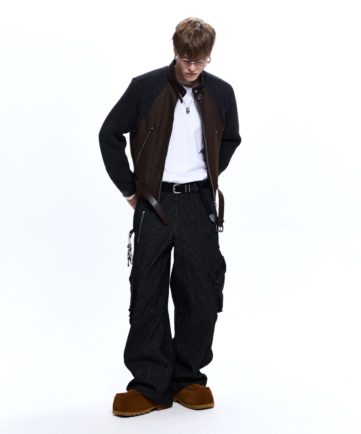 알에스에스씨(RSSC) KNIT & DENIM BELTED BIKER JACKET - BROWN