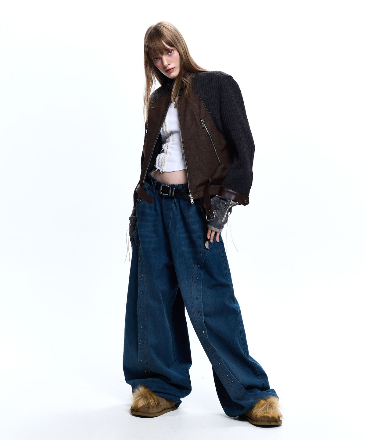 알에스에스씨(RSSC) KNIT & DENIM BELTED BIKER JACKET - BROWN