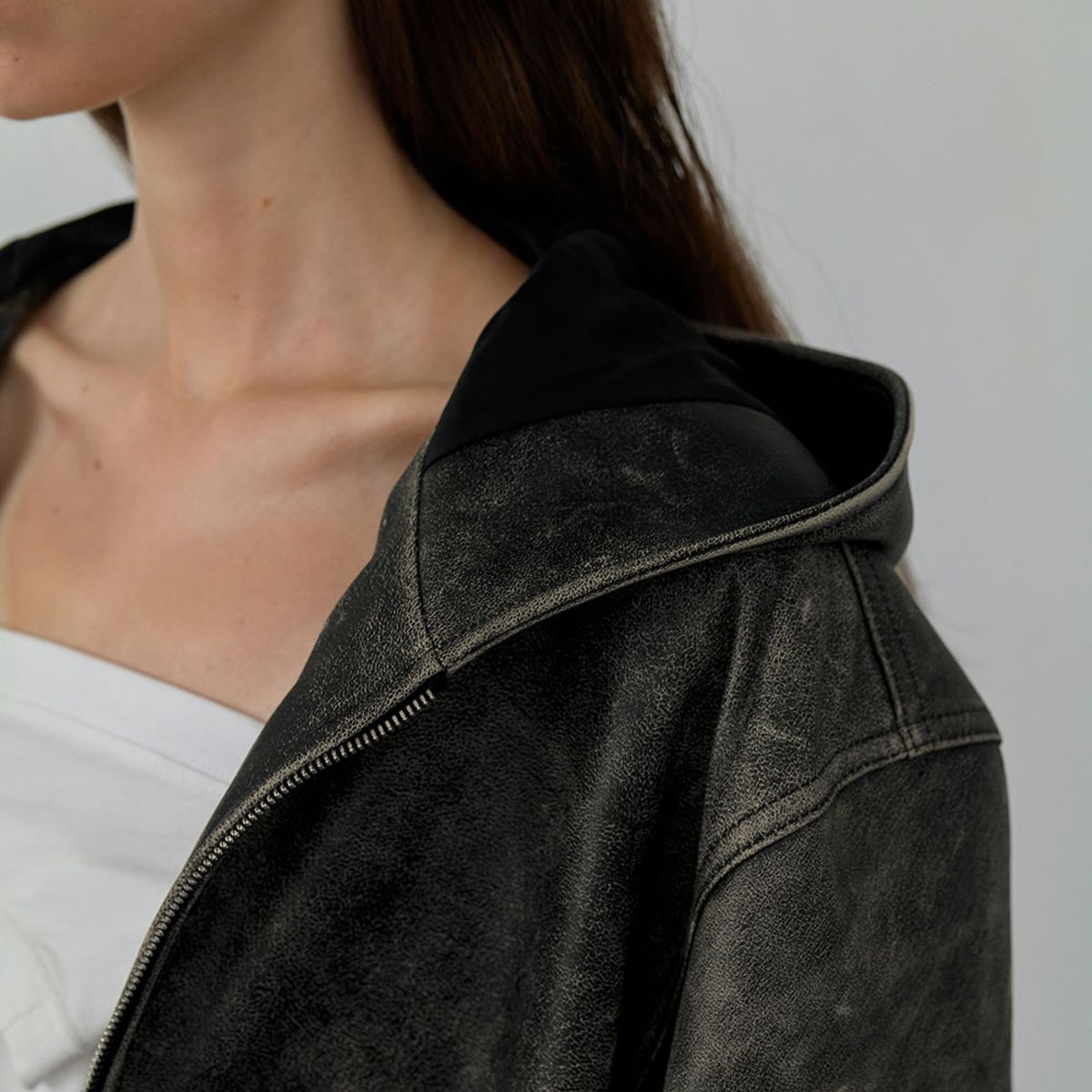 엘씨디씨티엠(LCDC™) VINTAGE LEATHER HOODED ZIP-UP JACKET (BLACK)