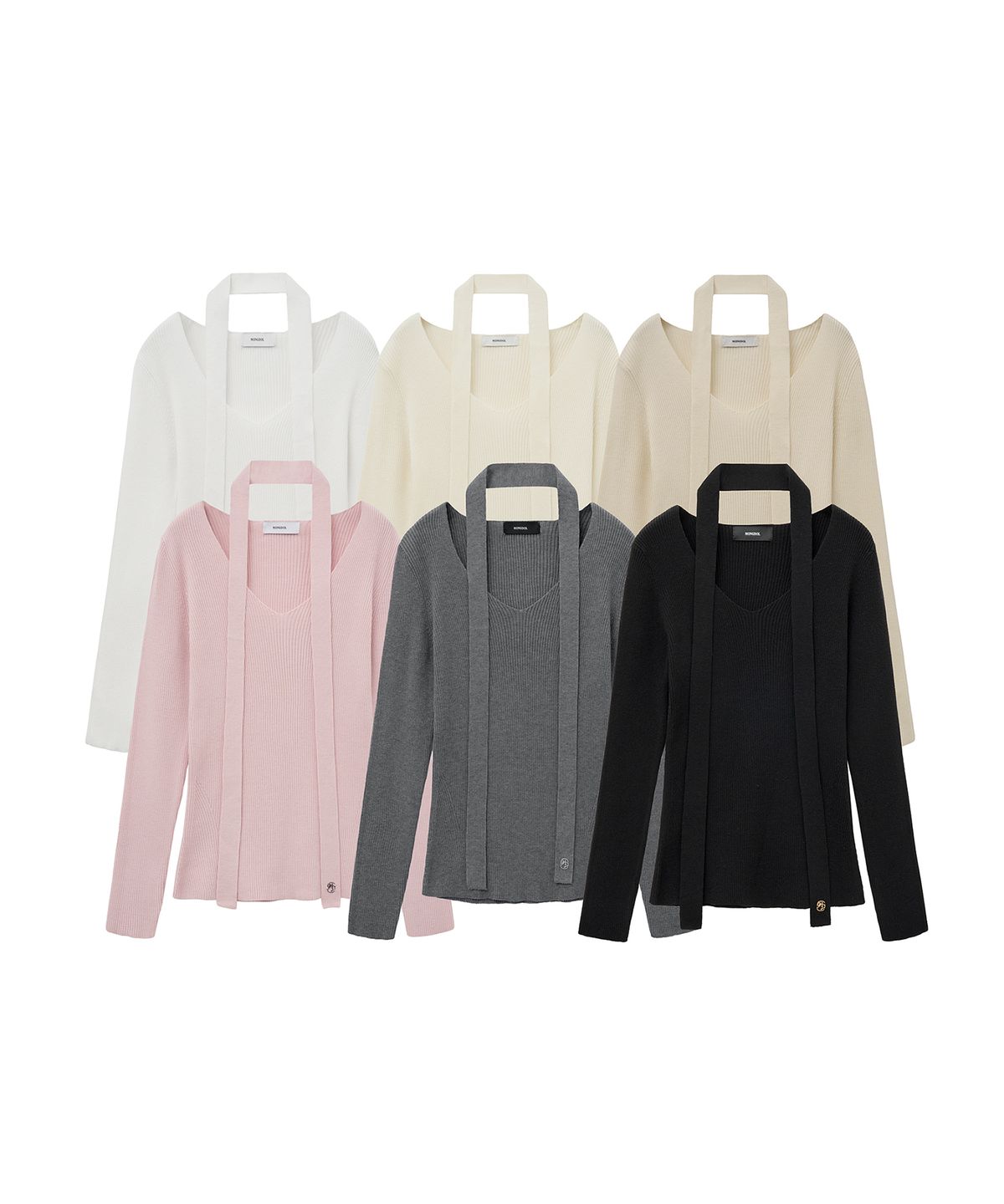 몽돌(MONGDOL) [머플러 SET] 브이넥 슬림 골지 니트 탑 MDKT122_6 Colors