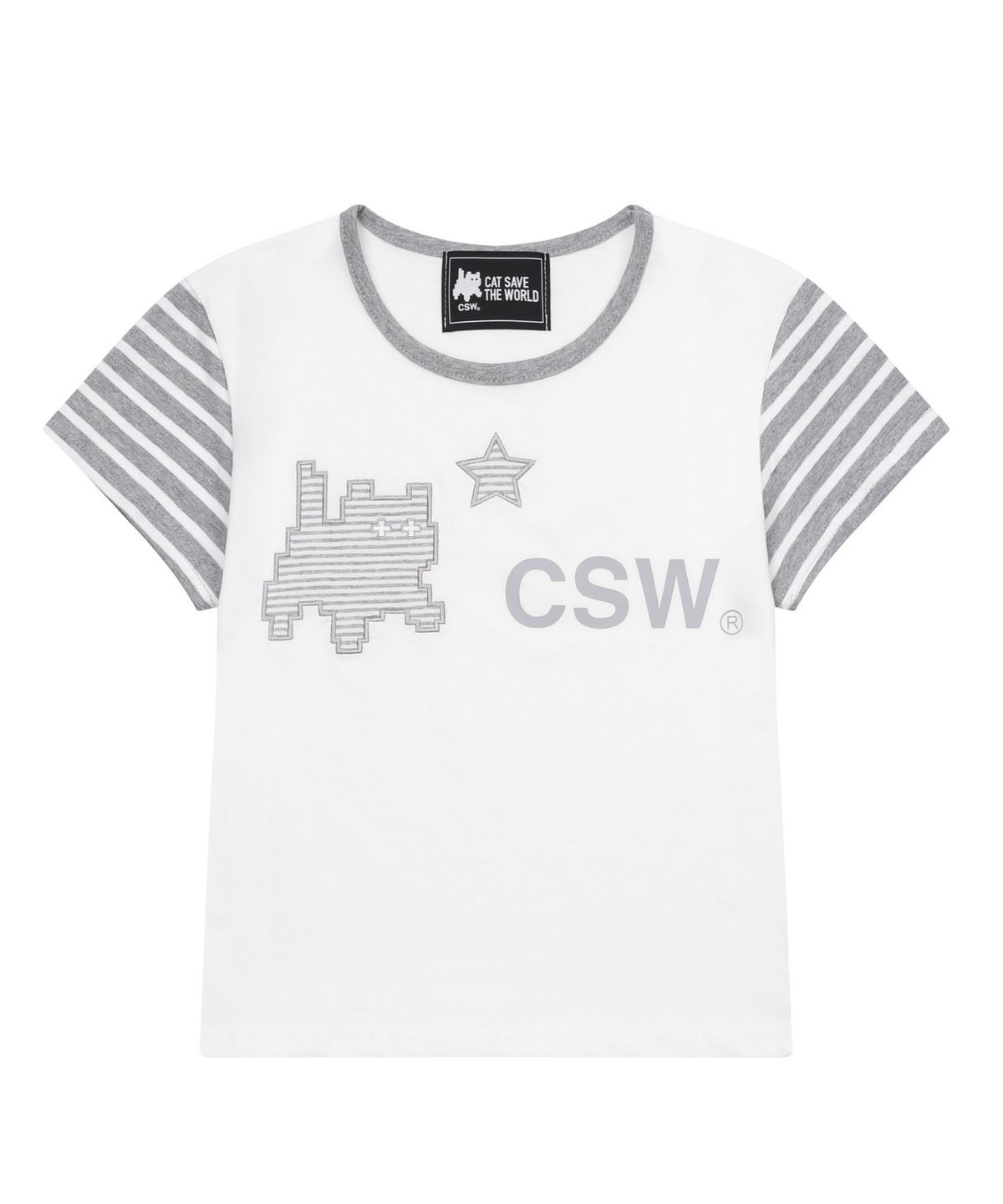 캣세이브더월드(CATSAVETHEWORLD) 마인 캣 스트라이프 배색 반팔 티 (2컬러)