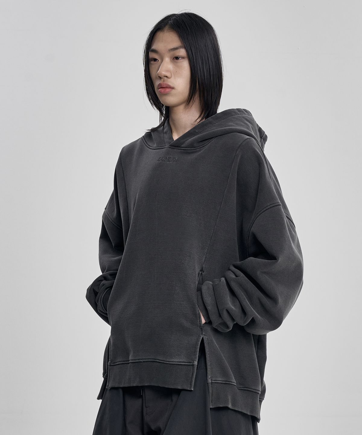 아조바이아조(AJOBYAJO) Twofold Wide Washed Hoodie [CHARCOAL]
