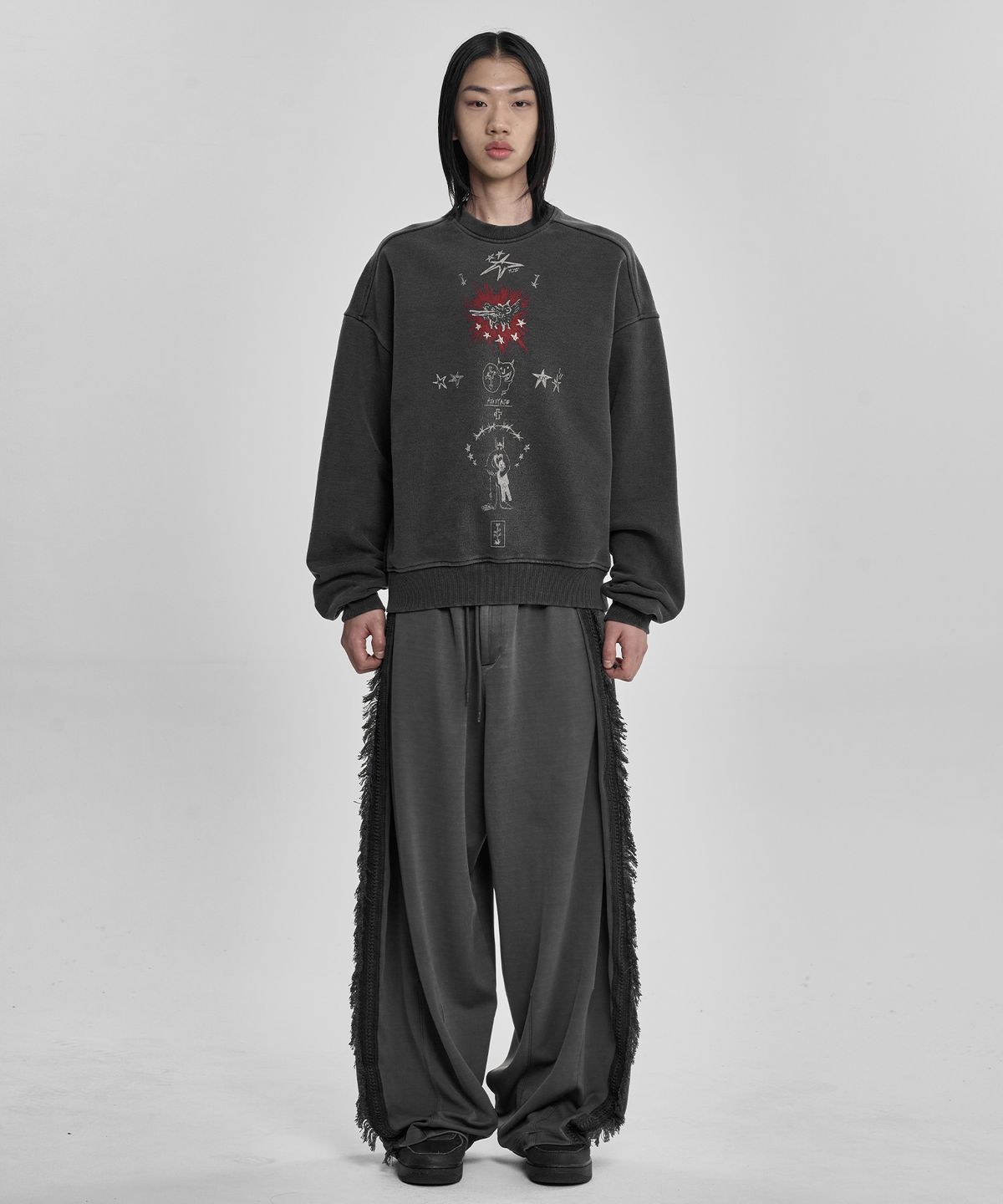아조바이아조(AJOBYAJO) Blessing Doodle Washed Sweatshirt [CHARCOAL]
