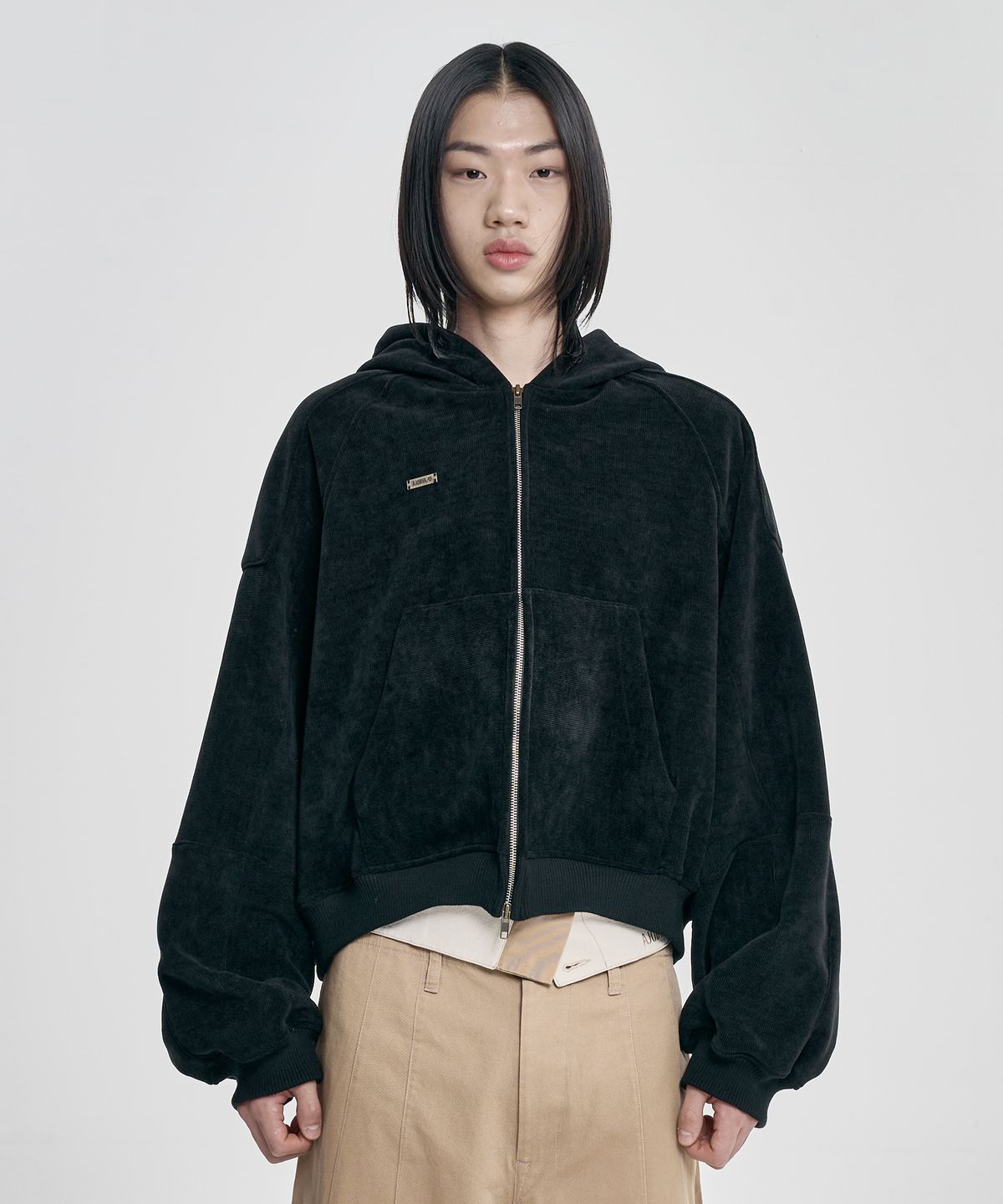 아조바이아조(AJOBYAJO) Corduroy Short Zip-Up Hoodie [BLACK]