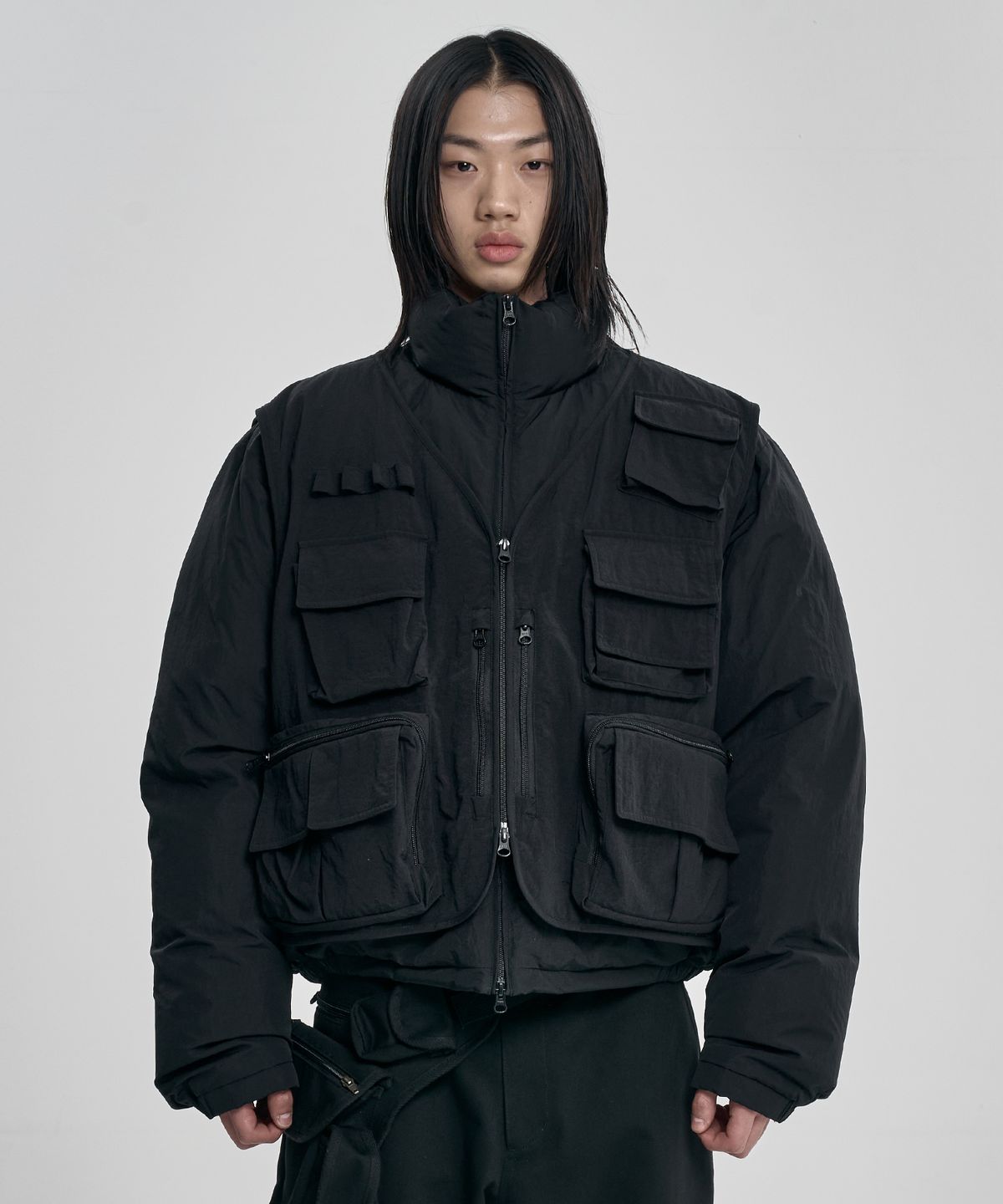 아조바이아조(AJOBYAJO) Cargo Vest Layered Padded Jacket [BLACK]