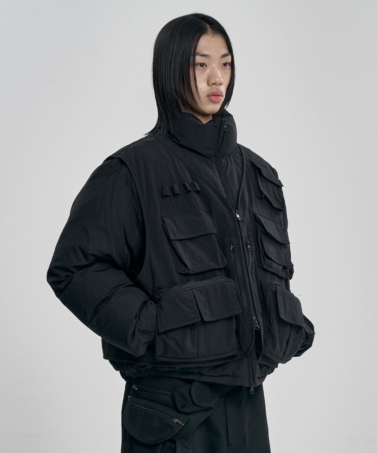 아조바이아조(AJOBYAJO) Cargo Vest Layered Padded Jacket [BLACK]