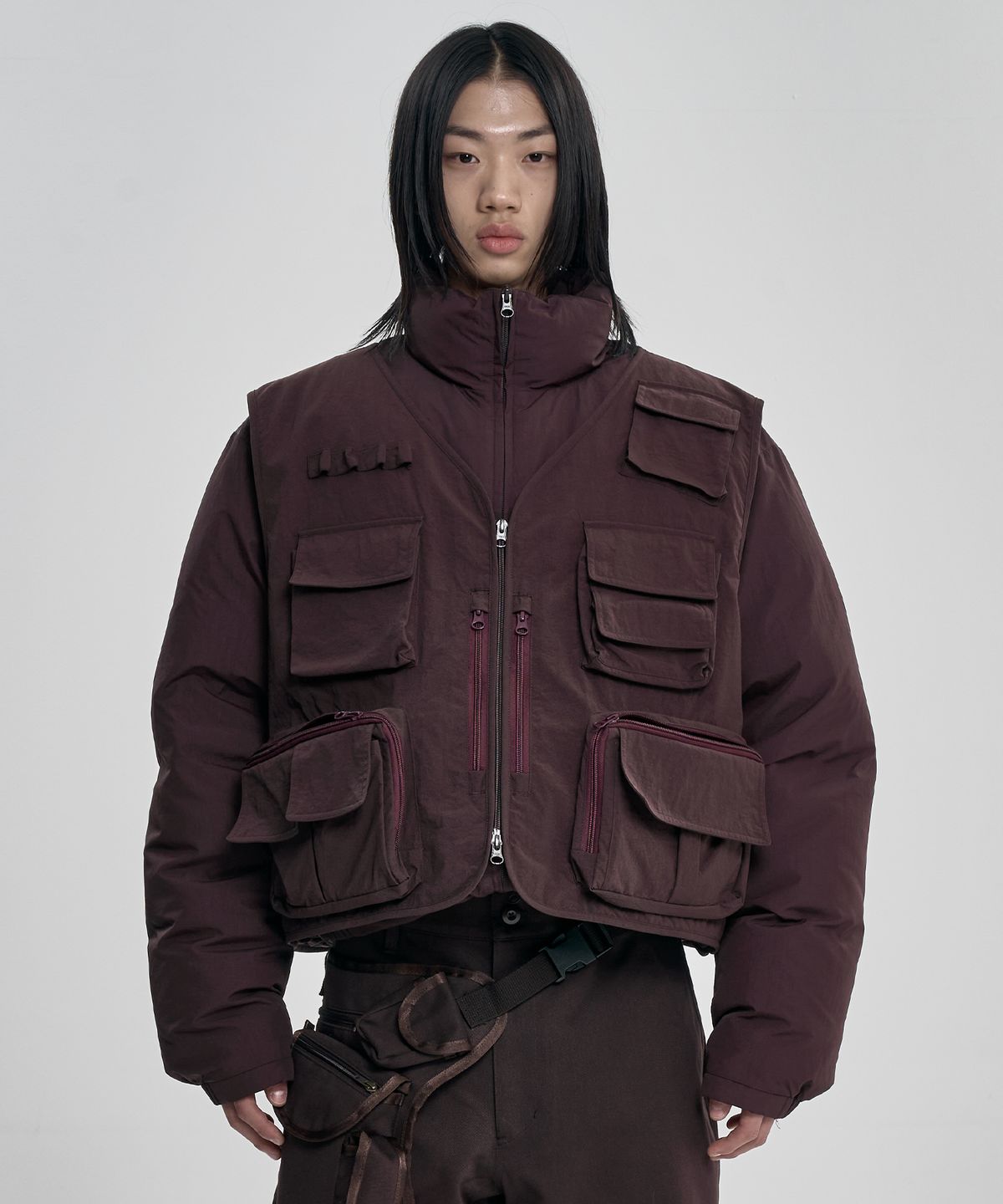 아조바이아조(AJOBYAJO) Cargo Vest Layered Padded Jacket [BROWN]