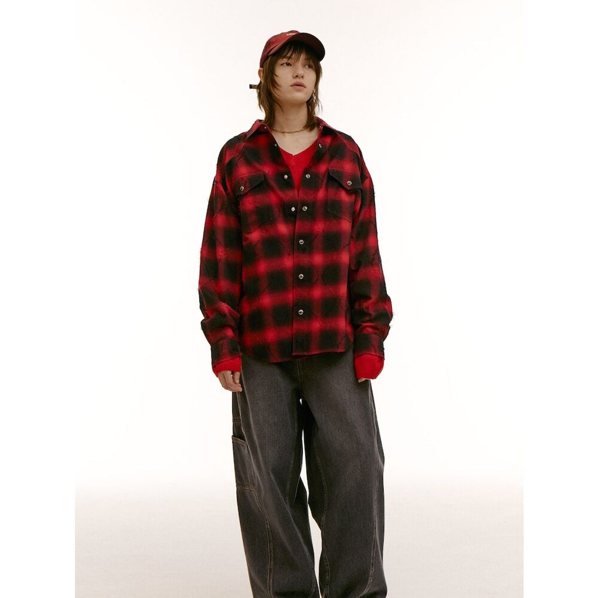 샌드 사운드(SAND SOUND) (UNISEX) 웨스턴 옴브레 체크 오버핏 셔츠  레드
