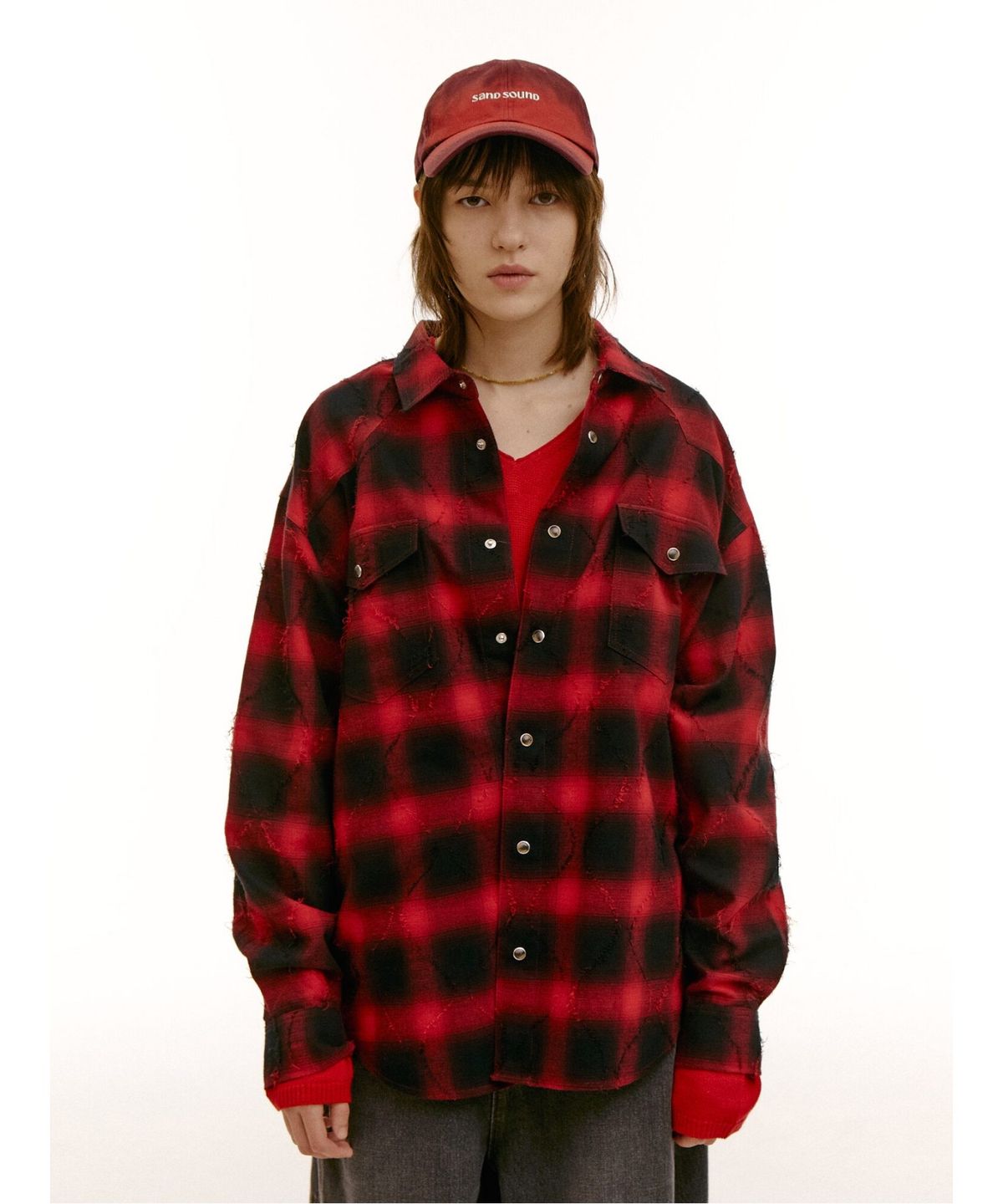 샌드 사운드(SAND SOUND) (UNISEX) 웨스턴 옴브레 체크 오버핏 셔츠  레드