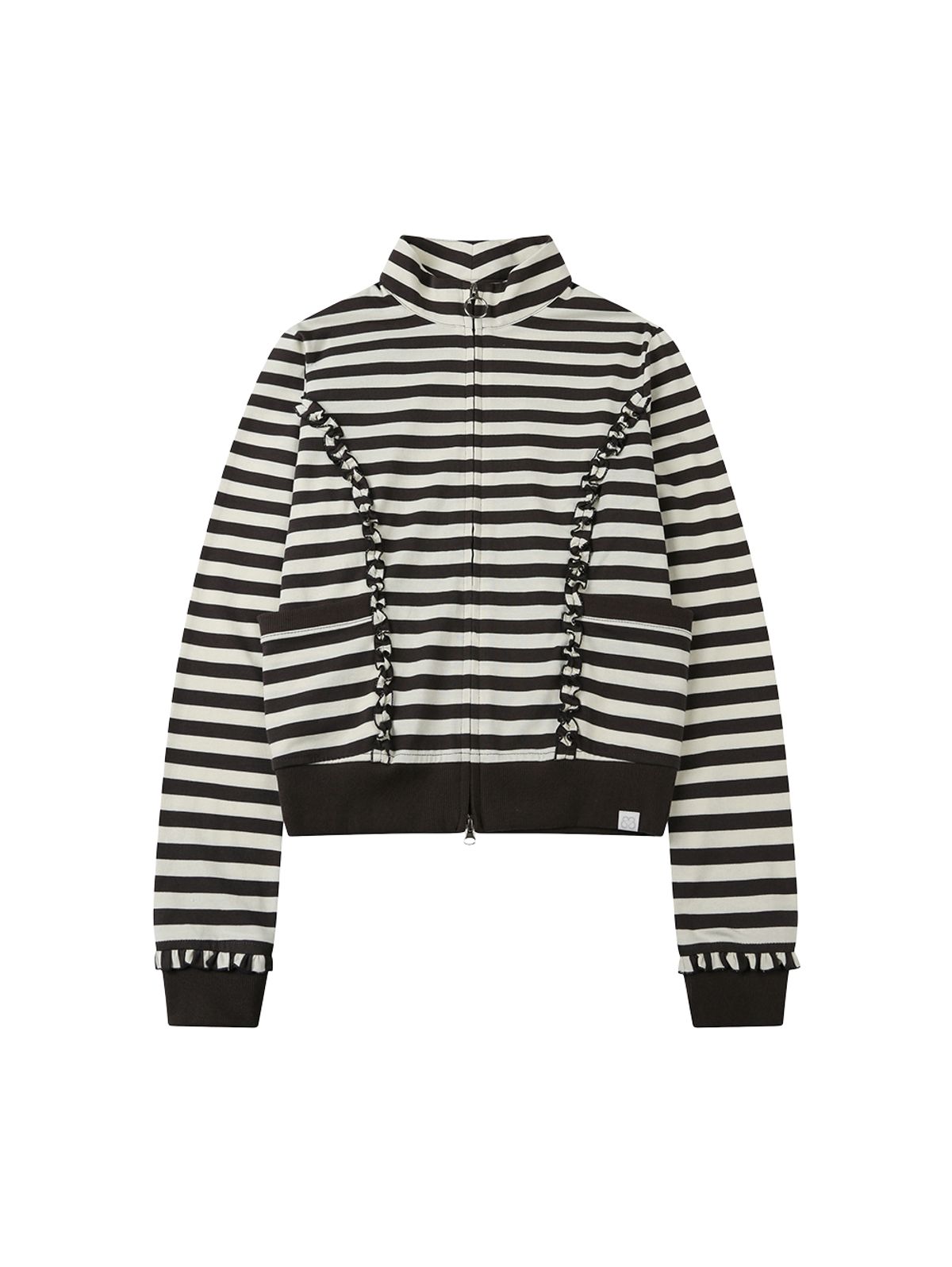 뚜오미오(TUOMIO) STRIPE RUFFLE JERSEY ZIP-UP [CHARCOAL]