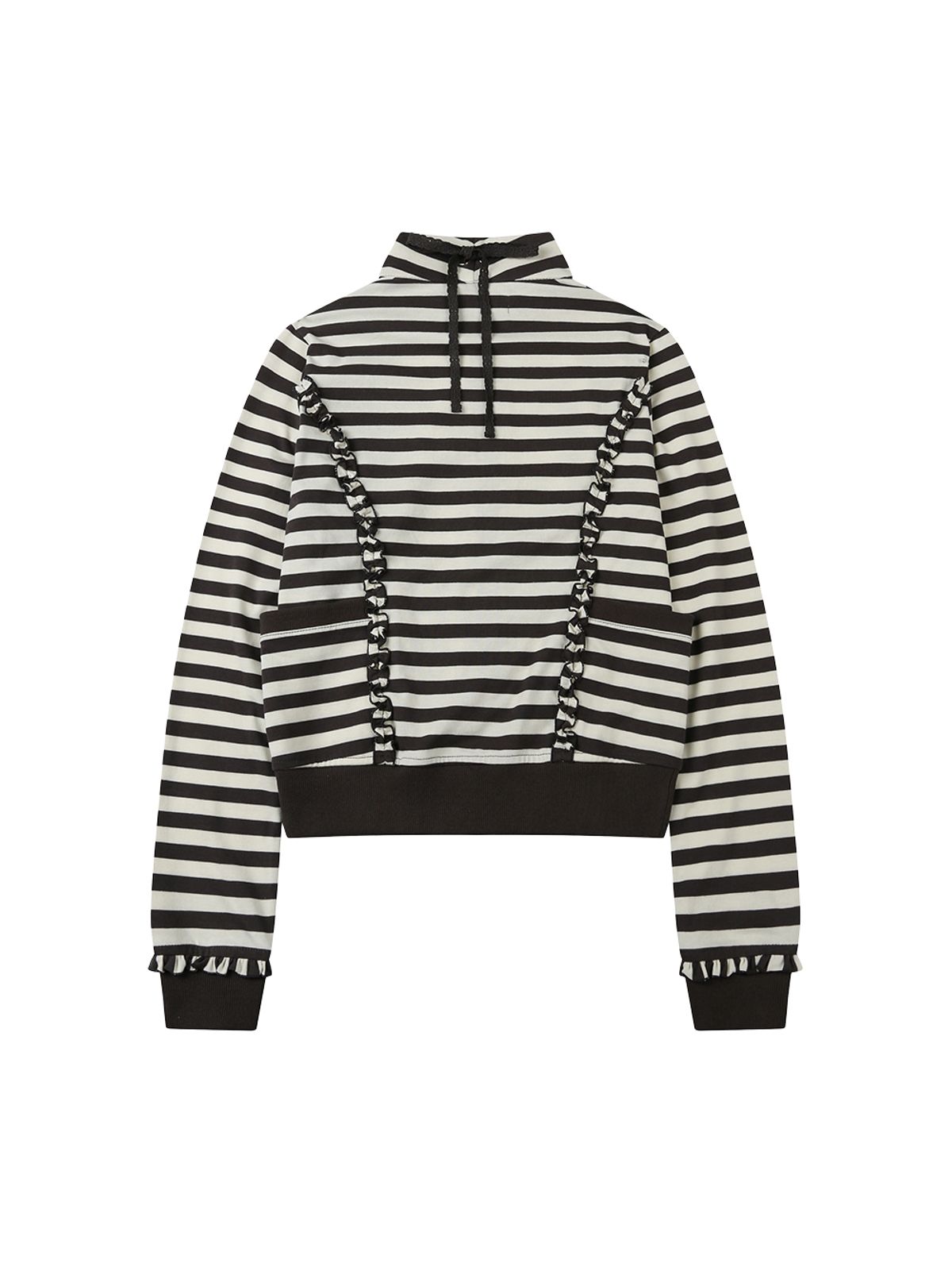 뚜오미오(TUOMIO) STRIPE RUFFLE JERSEY ZIP-UP [CHARCOAL]