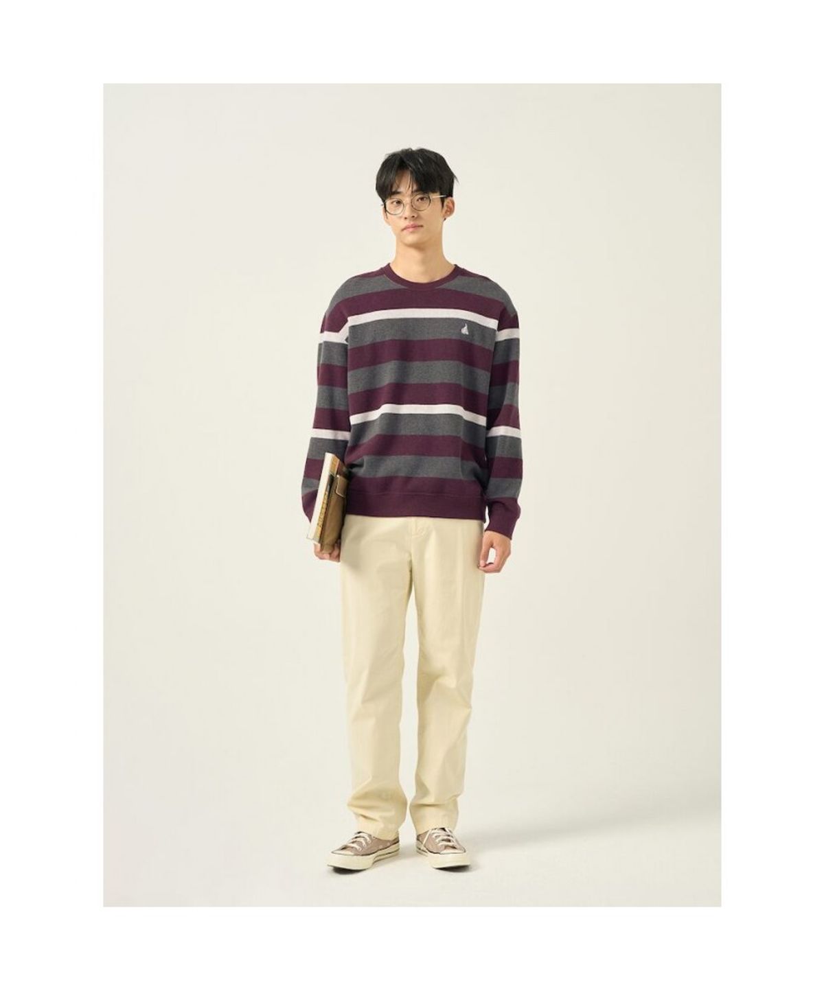 빈폴 멘(BEANPOLE MEN) 니트라이크 볼드 스트라이프 라운드넥 티셔츠 - 와인