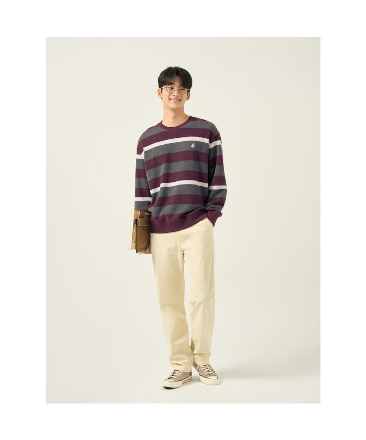 빈폴 멘(BEANPOLE MEN) 니트라이크 볼드 스트라이프 라운드넥 티셔츠 - 와인
