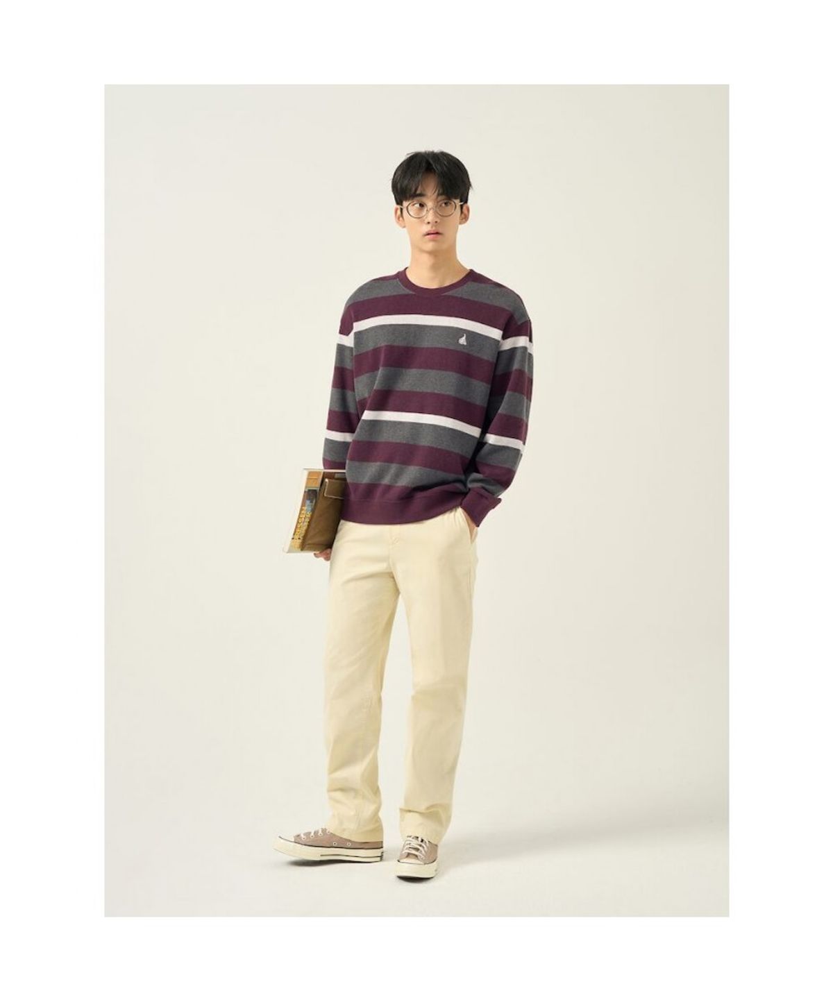 빈폴 멘(BEANPOLE MEN) 니트라이크 볼드 스트라이프 라운드넥 티셔츠 - 와인
