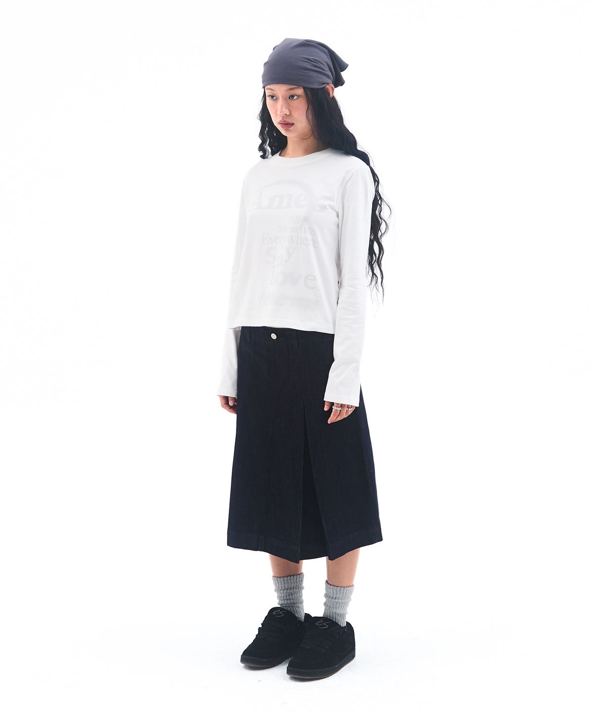 아메스 월드와이드(AMES-WORLDWIDE) DENIM PLEATS MIDI SKIRT DEEP BLUE