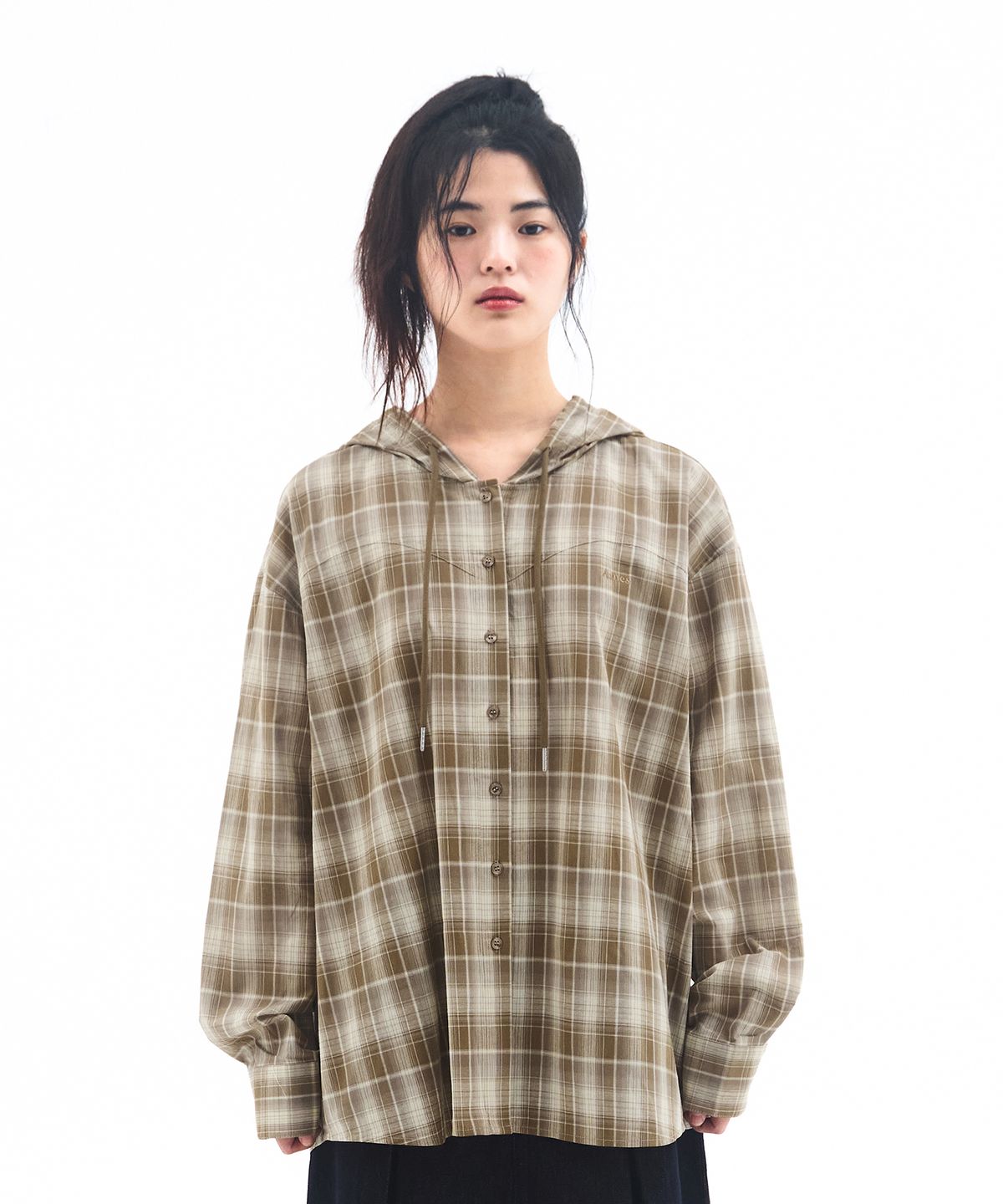 아메스 월드와이드(AMES-WORLDWIDE) CHECK HOODIE SHIRTS BROWN