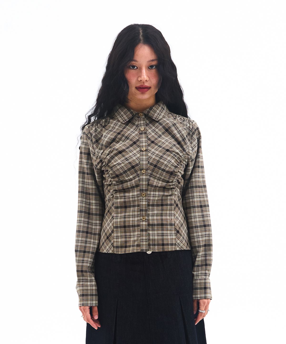 아메스 월드와이드(AMES-WORLDWIDE) CROP SHIRRING CHECK SHIRTS BROWN