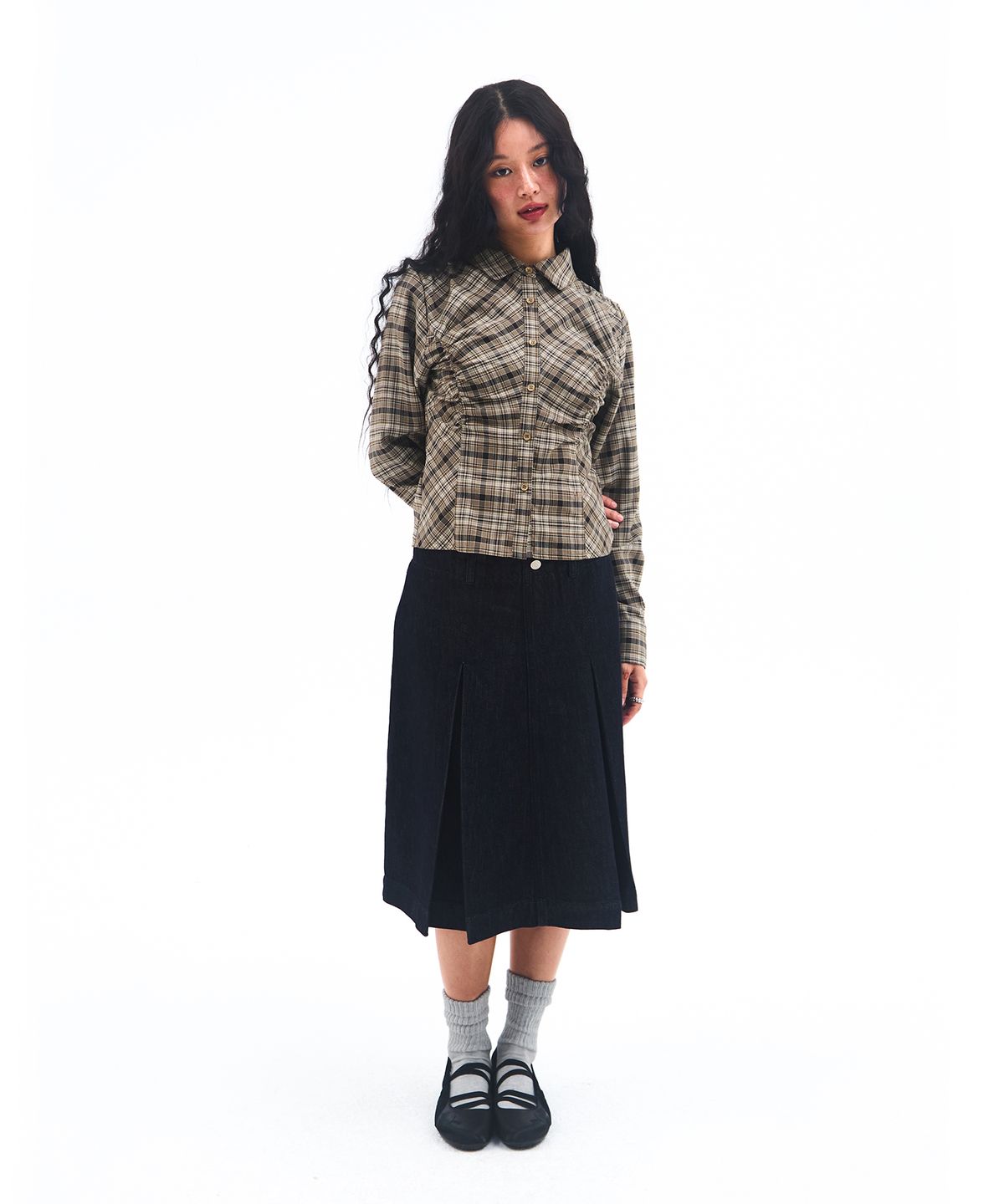아메스 월드와이드(AMES-WORLDWIDE) CROP SHIRRING CHECK SHIRTS BROWN