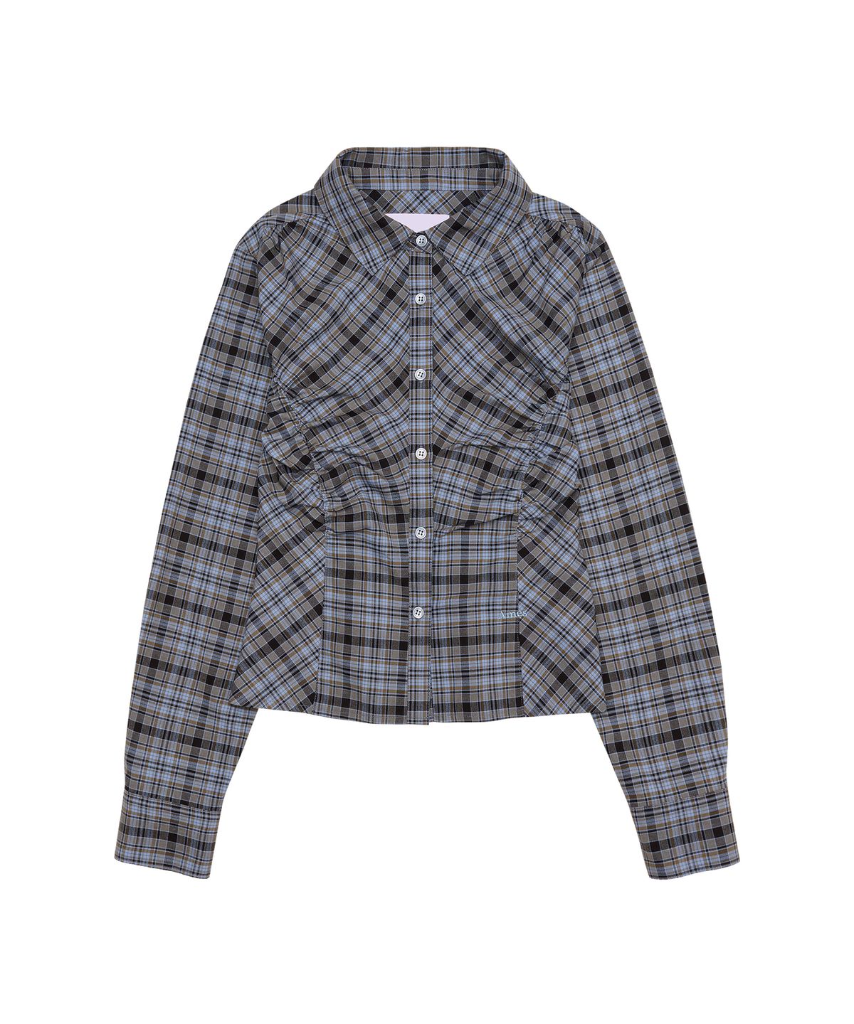 아메스 월드와이드(AMES-WORLDWIDE) CROP SHIRRING CHECK SHIRTS BLUE