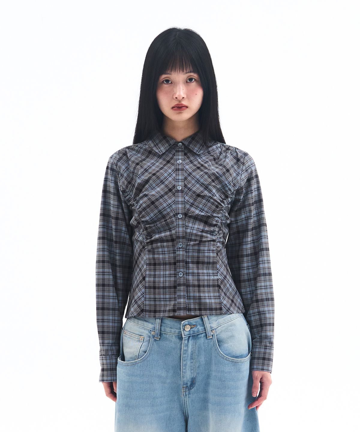 아메스 월드와이드(AMES-WORLDWIDE) CROP SHIRRING CHECK SHIRTS BLUE