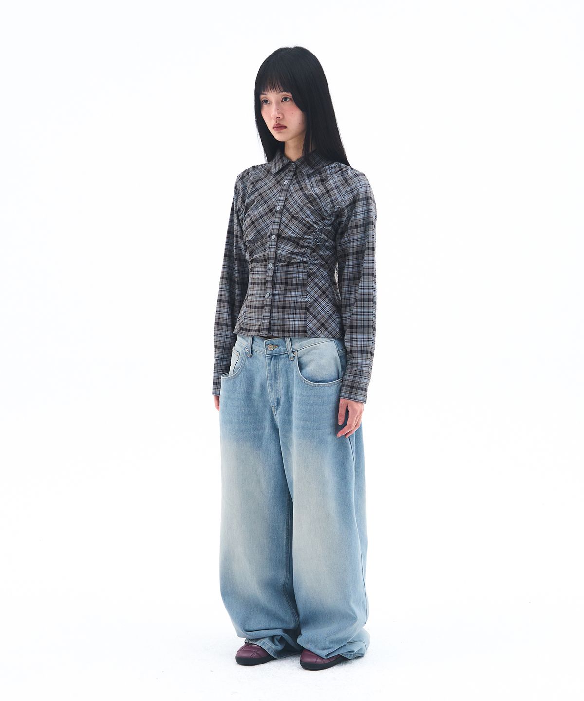 아메스 월드와이드(AMES-WORLDWIDE) CROP SHIRRING CHECK SHIRTS BLUE