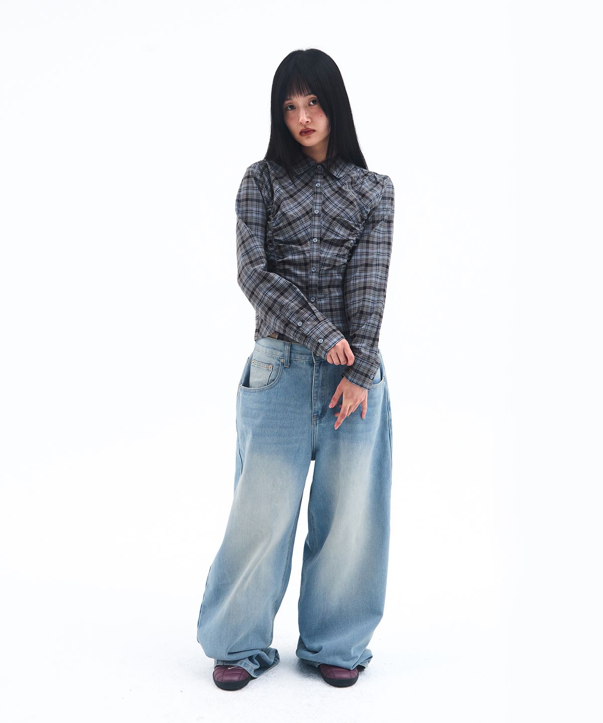 아메스 월드와이드(AMES-WORLDWIDE) CROP SHIRRING CHECK SHIRTS BLUE