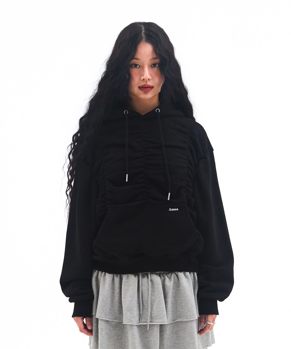 아메스 월드와이드(AMES-WORLDWIDE) SHIRRING HOODIE BLACK