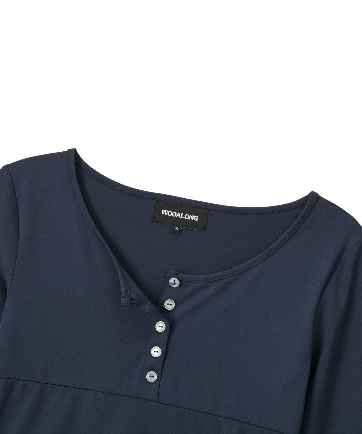 우알롱(WOOALONG) Nylon Buttoned Crop T-shirt [Fabric by ITALY] - NAVY