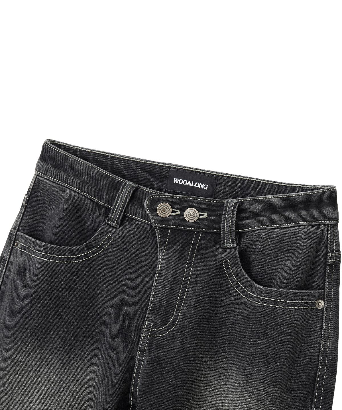 우알롱(WOOALONG) Cat Washed Stitch Bootcut denim pants - BLACK