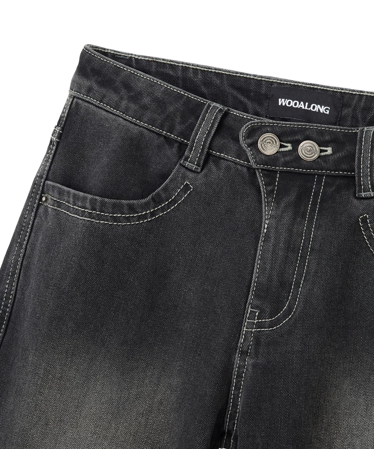 우알롱(WOOALONG) Cat Washed Stitch Bootcut denim pants - BLACK