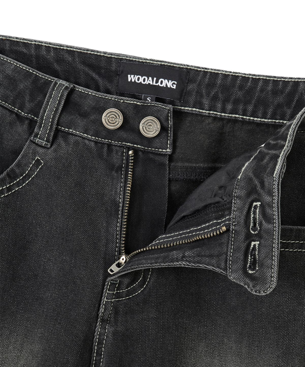 우알롱(WOOALONG) Cat Washed Stitch Bootcut denim pants - BLACK