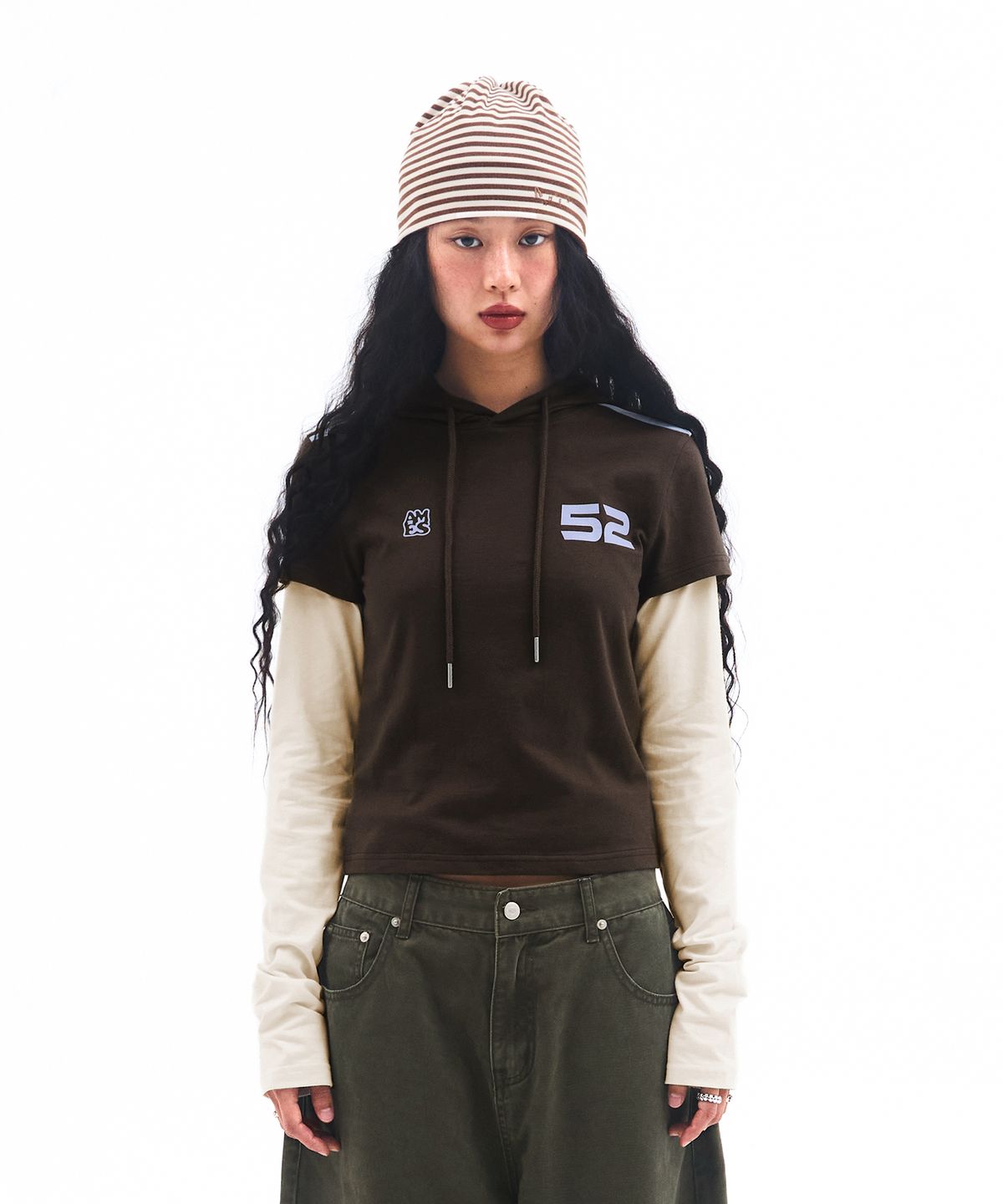 아메스 월드와이드(AMES-WORLDWIDE) HOODIE LAYERED LONGSLEEVE TEE BROWN
