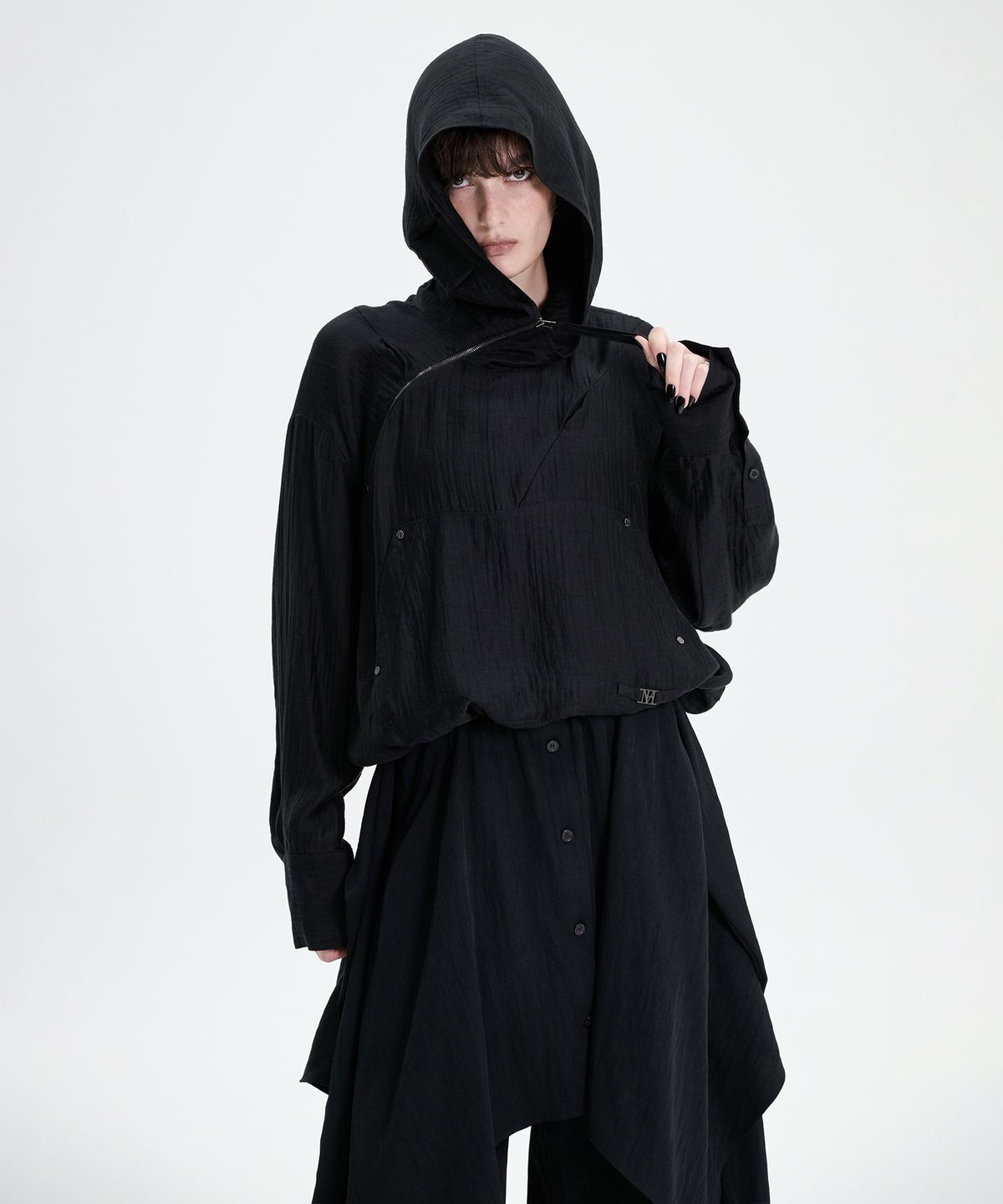 트리밍버드(TREEMINGBIRD) Crinkle Zipper Anorak [ Black ]