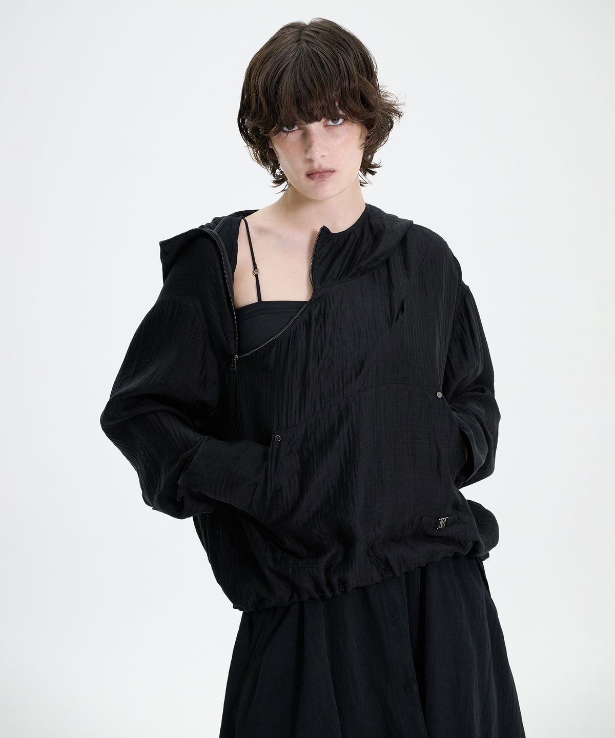 트리밍버드(TREEMINGBIRD) Crinkle Zipper Anorak [ Black ]