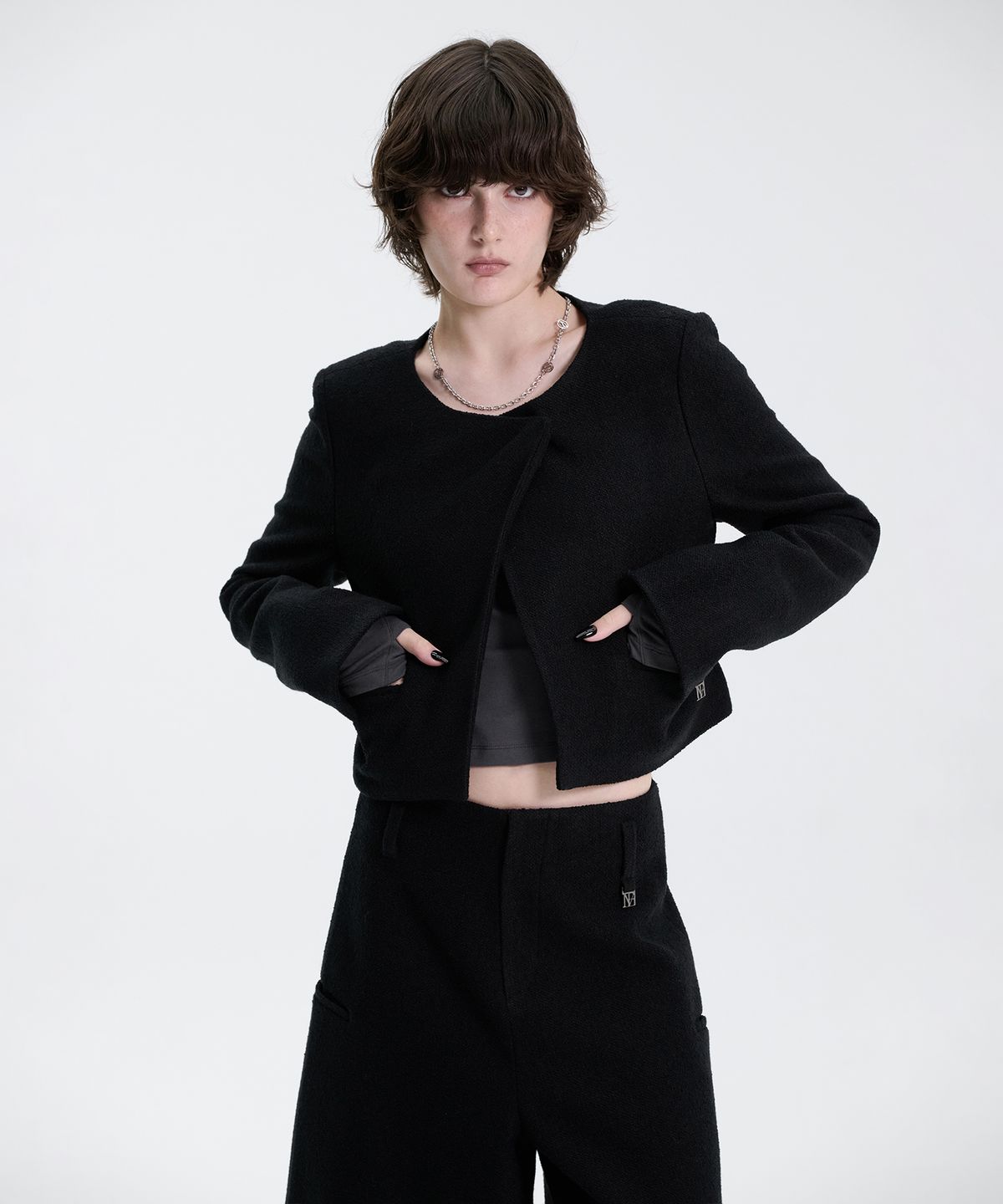 트리밍버드(TREEMINGBIRD) Crop Tweed Set-up Jacket [ Black ]