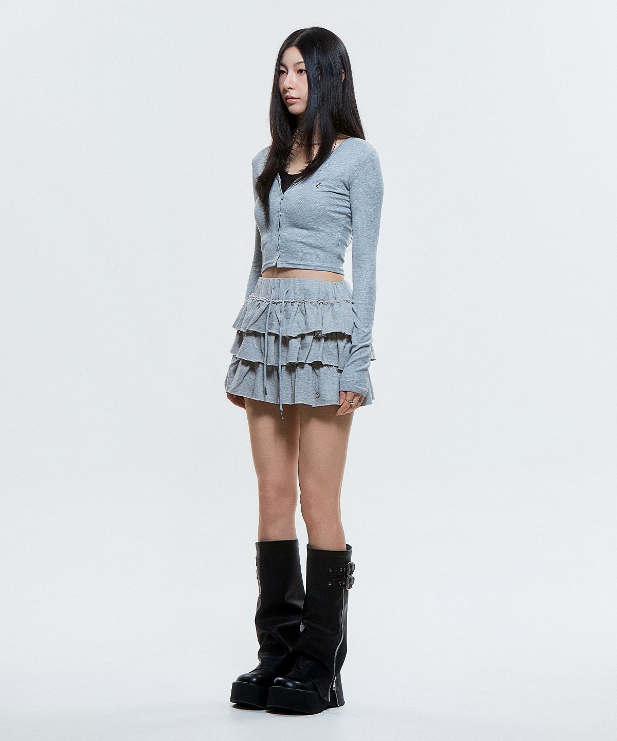 디오스피스(DAUSPICE) (DUC) V-Neck Crop Cardigan Gray