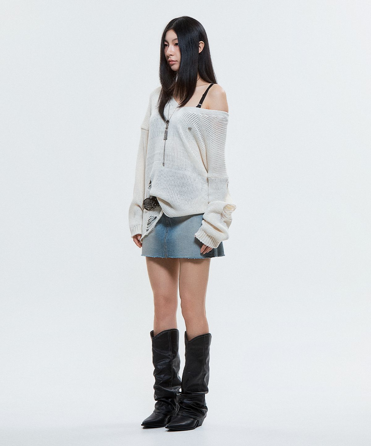 디오스피스(DAUSPICE) (DUC) Damaged Loose-Fit Knit Ivory