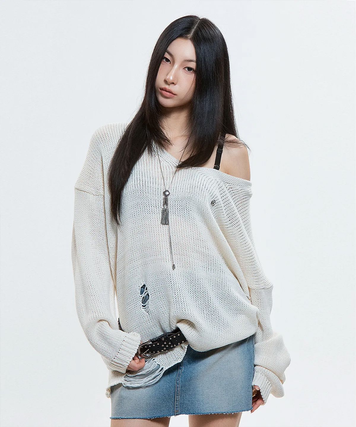 디오스피스(DAUSPICE) (DUC) Damaged Loose-Fit Knit Ivory
