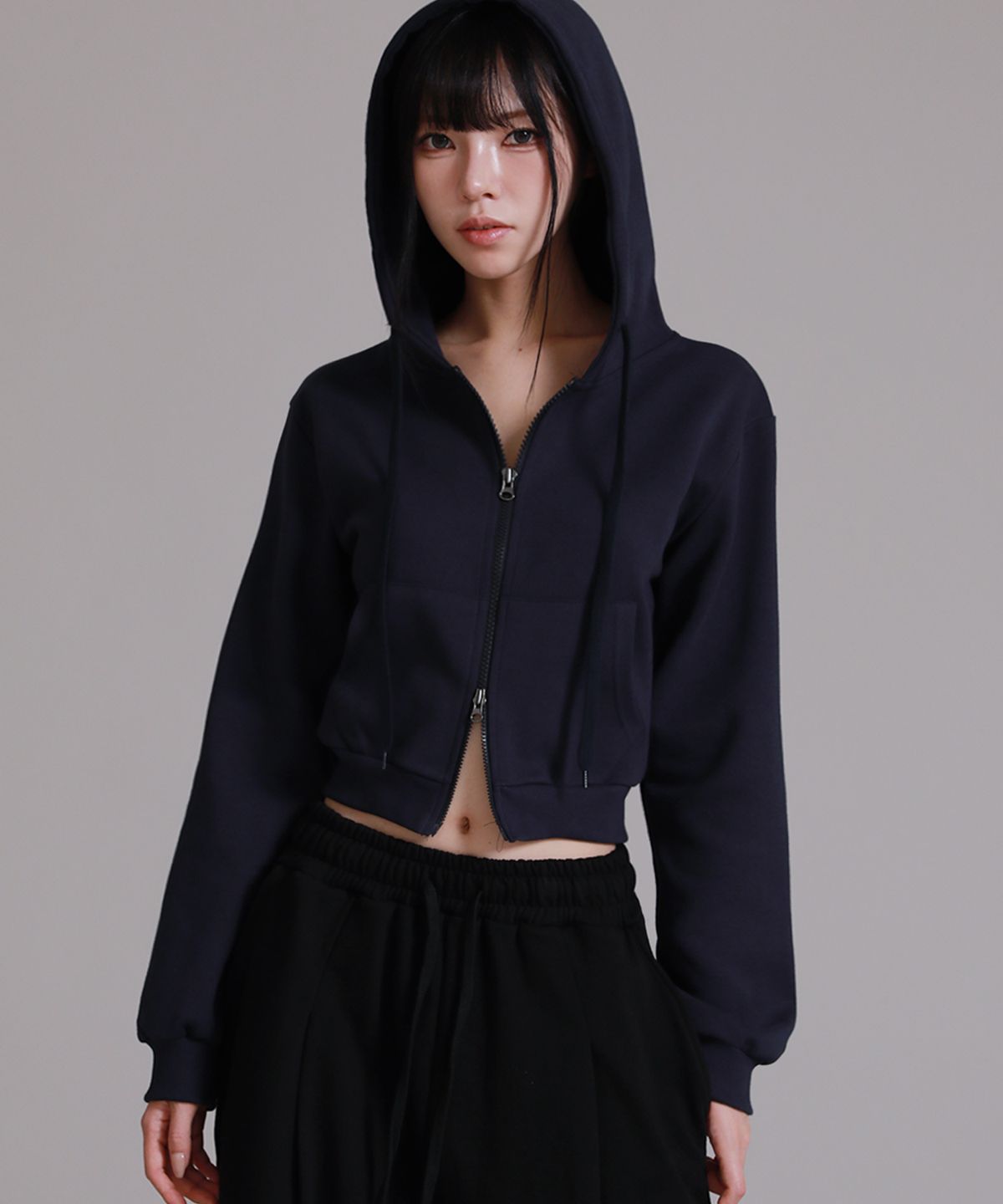 라이크더모스트(LIKE THE MOST) 스웨트 크롭 후드 집업_네이비
