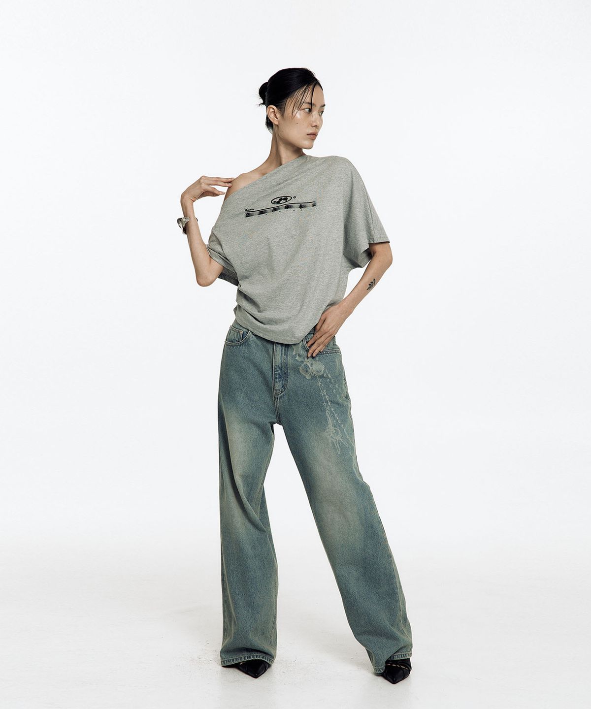 카시코(KASHIKO) Chain Wide Denim Pants Light Blue