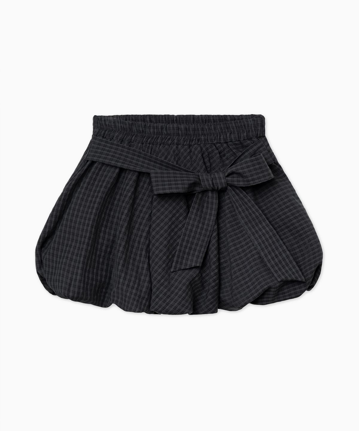 딜레이오프(DELAYOFF) 리본 포인트 체크 밴딩 벌룬 미니 스커트 [블랙]