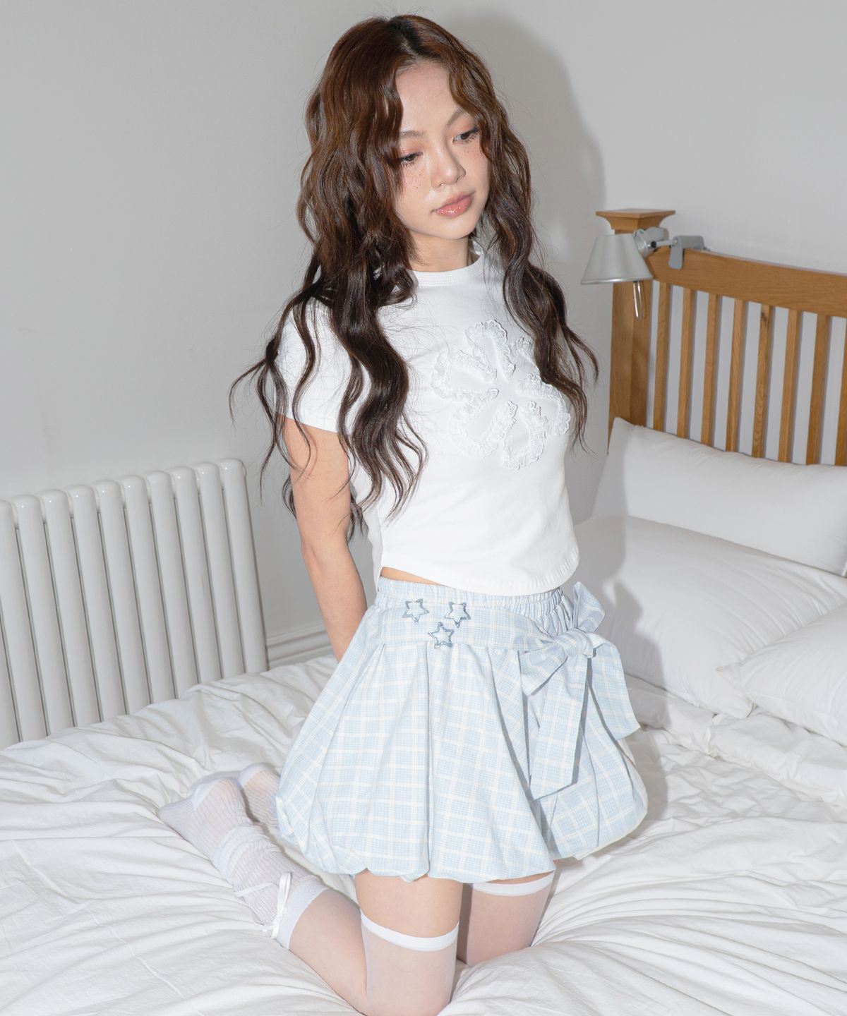 딜레이오프(DELAYOFF) 리본 포인트 체크 밴딩 벌룬 미니 스커트 [블루]