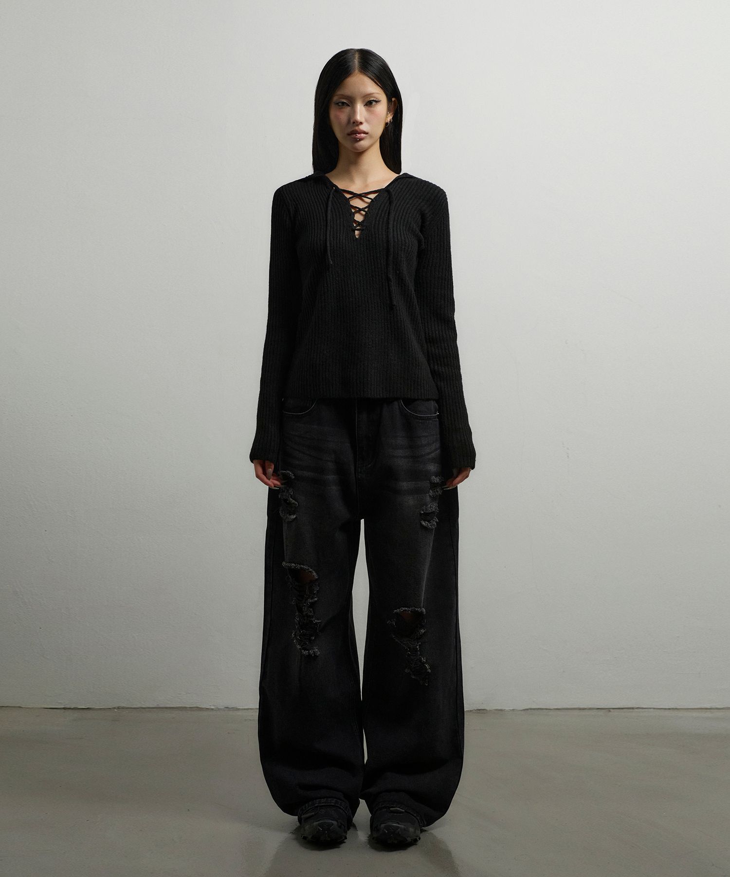 MUSINSA公式 | CHICKS Fade Damage Wide Denim Pants Black