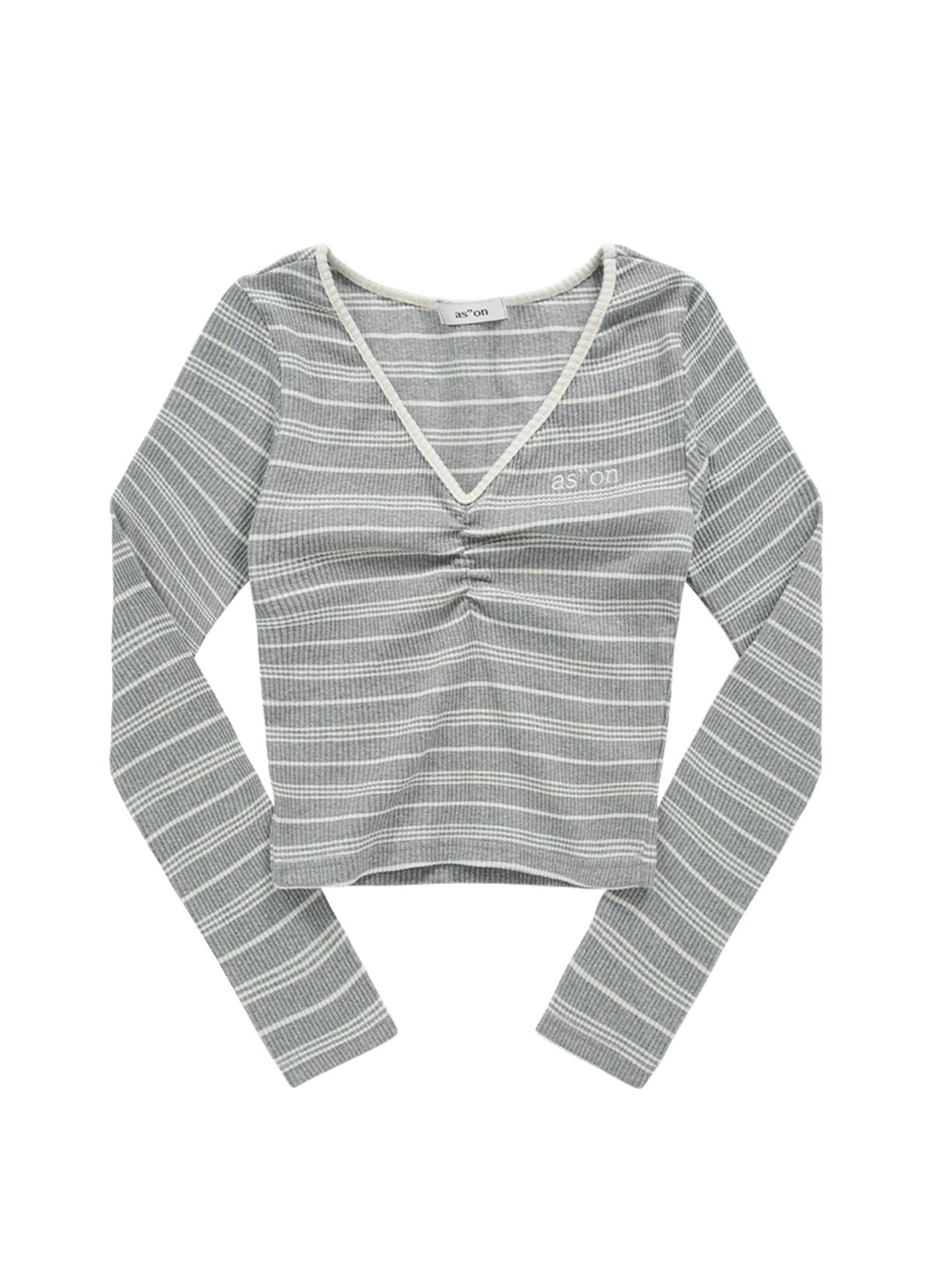 애즈온(ASON) BUMBLE STRIPE SHIRRING TEE / GRAY
