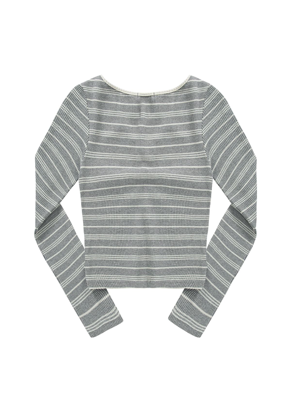 애즈온(ASON) BUMBLE STRIPE SHIRRING TEE / GRAY